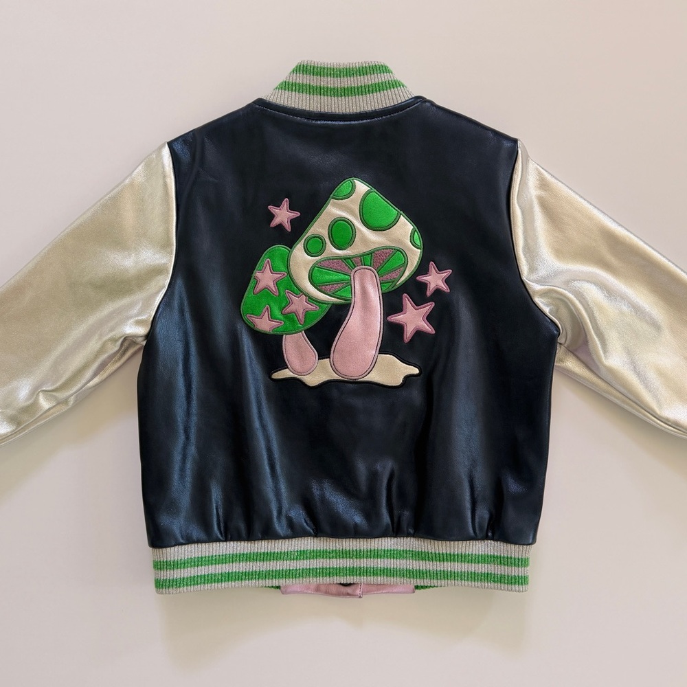 Stella McCartney Kids Metallic Purple, Silver Navy Blue Bomber Mushroom Applique